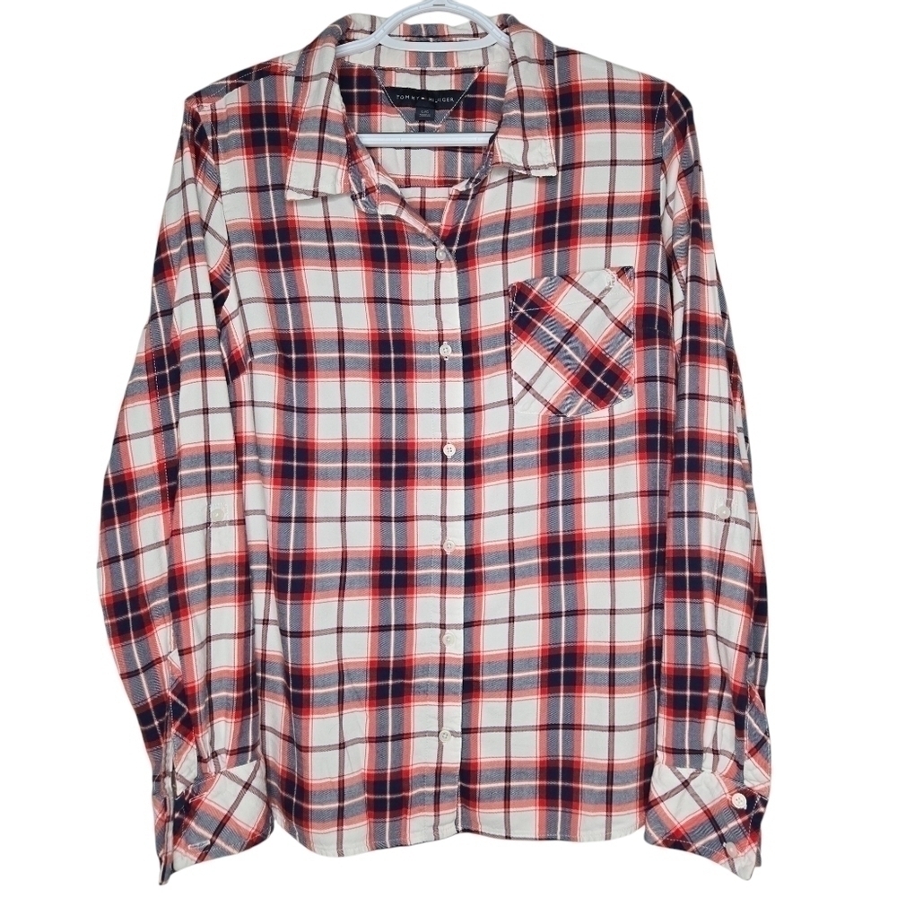 Tommy Hilfiger Womens Classic Plaid Lightweight Button Up Shirt Large